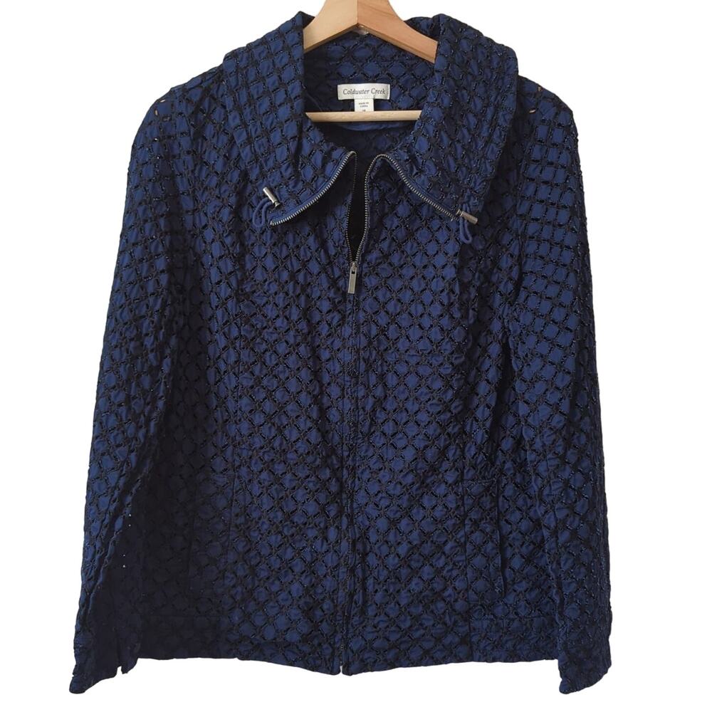 Coldwater Creek Womens Jacket Sz 14 Blue Knit Eyelet Cotton Zip Up Texture Coat